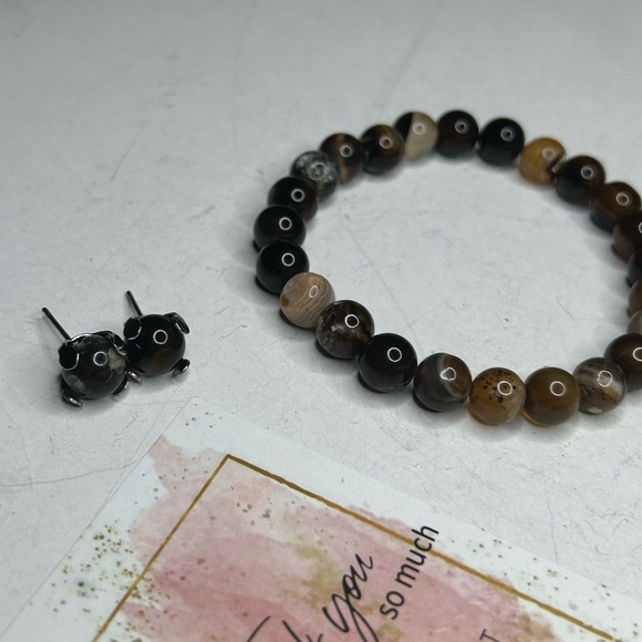 Brown Agate Bracelet + Stud Earrings - Picture 3 of 3